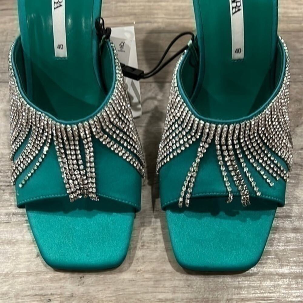 Zara Rhinestone Fringe Mule Heels Green Statement Sandals NWT - Picture 11 of 16
